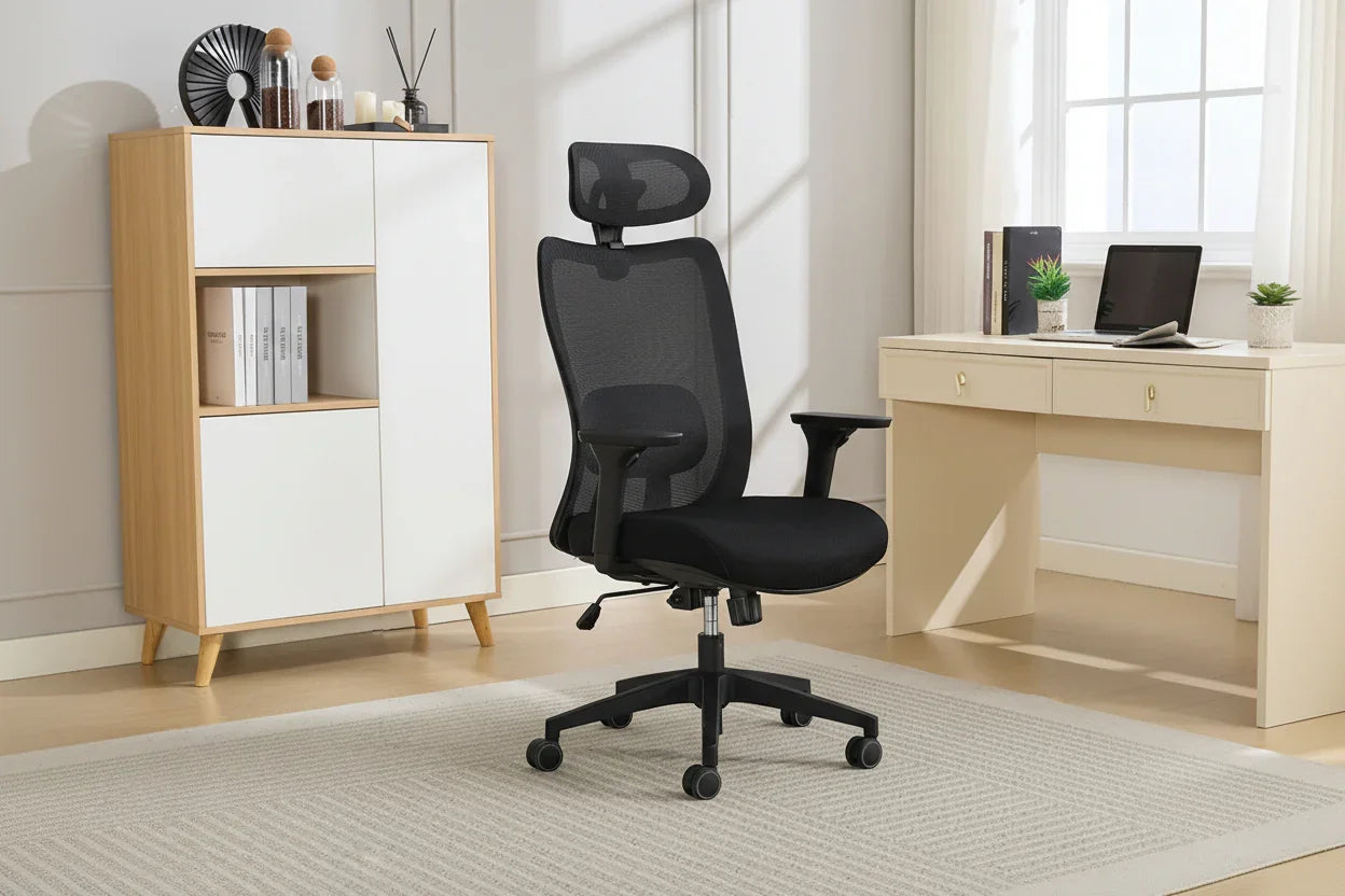 Black mesh office chair with headrest and armrests in a modern home office setup