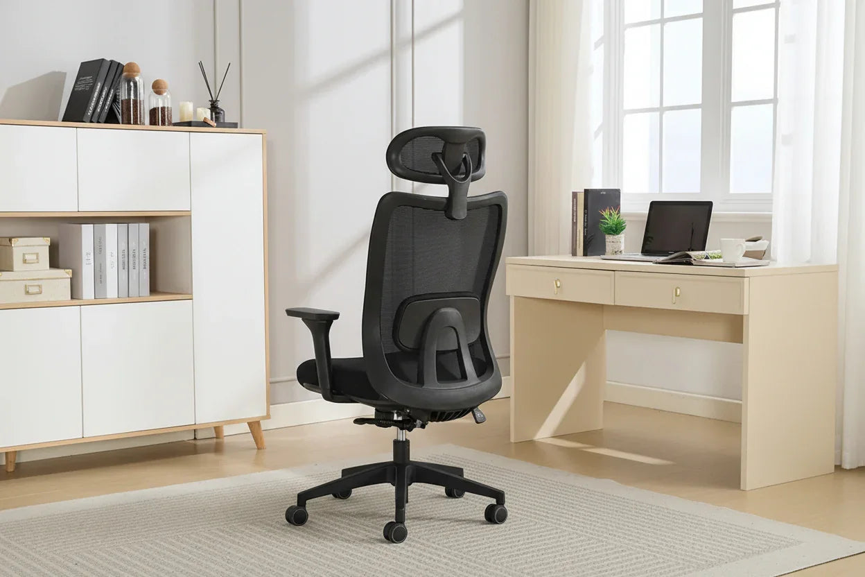 Black office chair with mesh backrest and headrest in a bright home office setting