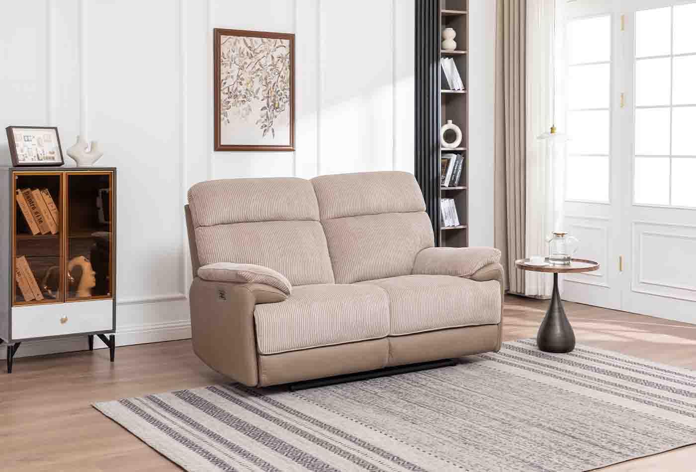 Arlington 2 seater loveseat with corduroy upholstery and beige leather arms in modern living room