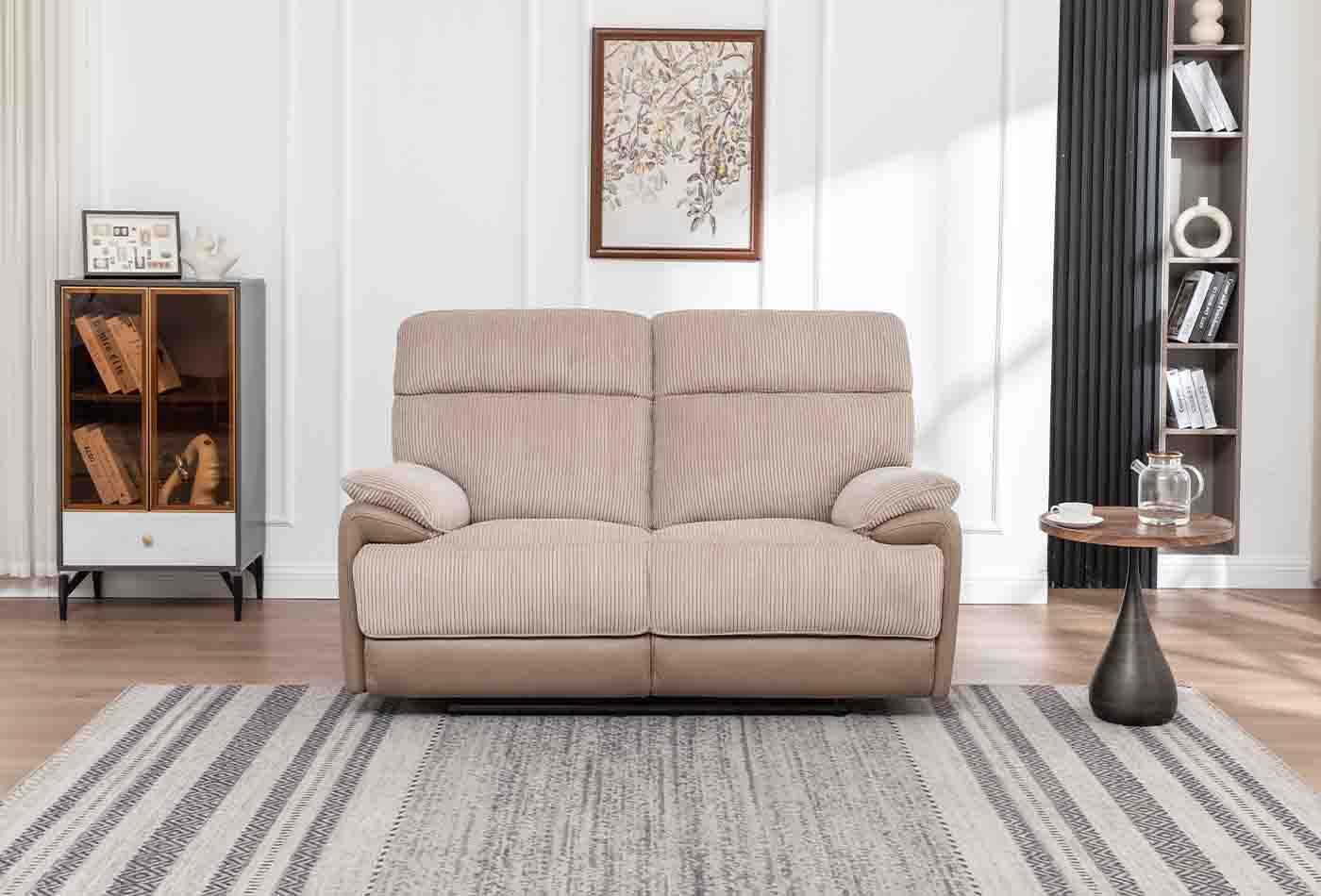 Arlington 2 seater loveseat in beige fabric with high backrest and plush armrests in living room