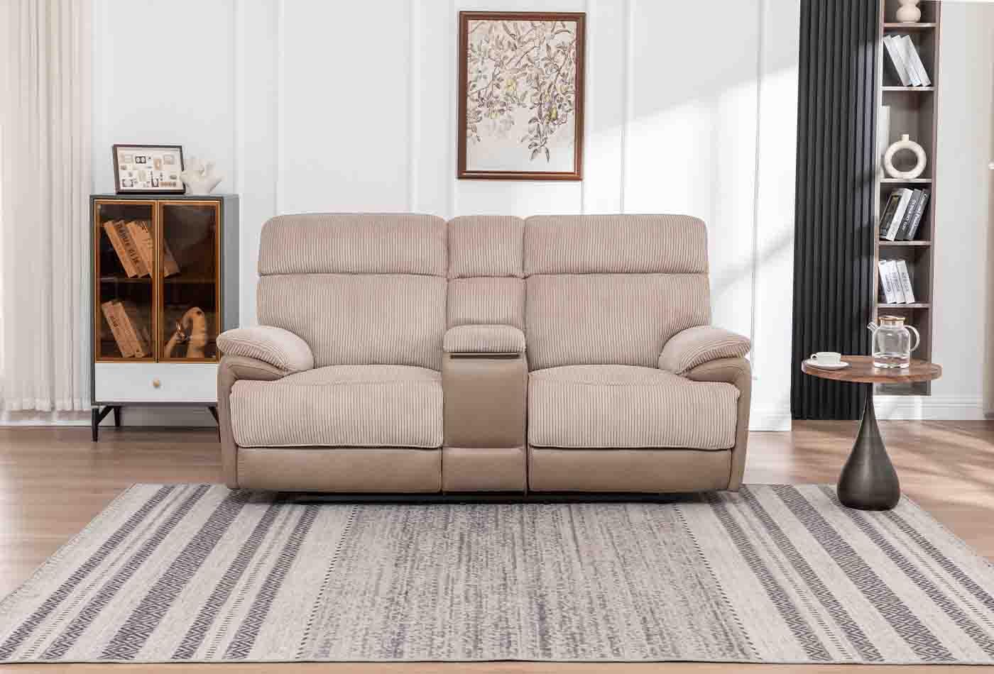 Beige 2 seater sofa with central console and wireless charger in modern living room
