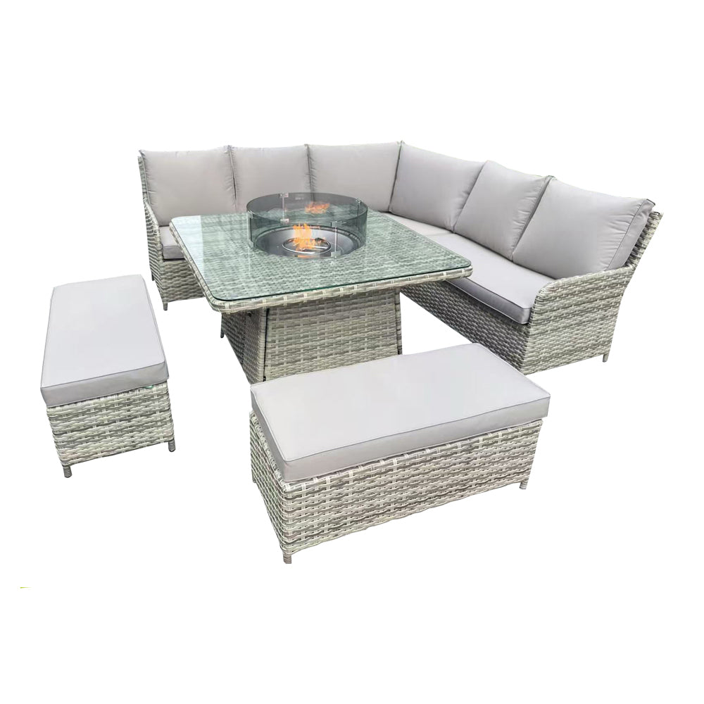 Kensington Grey Rattan Fire Pit Lounge Set – Corner, Bench & Table