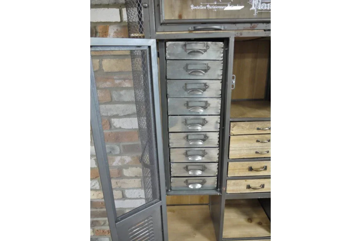 Industrial metal storage cabinet with mesh door and eight silver drawers