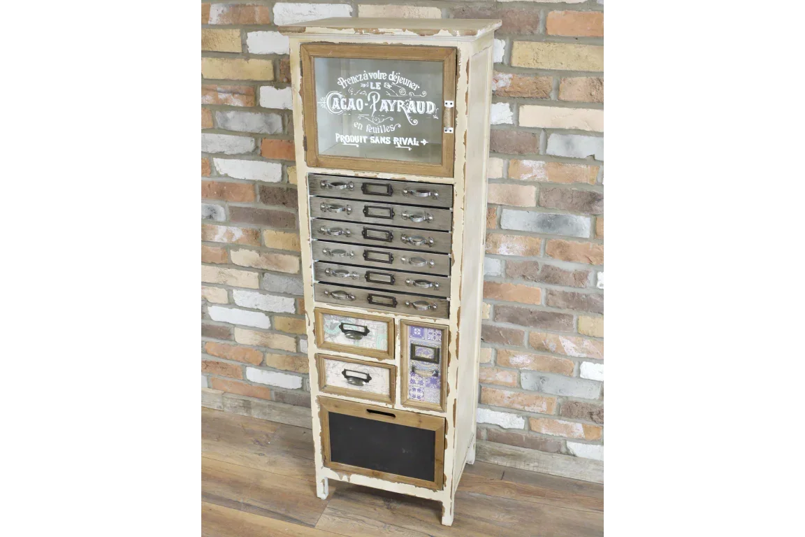 Tall distressed wood storage cabinet with multiple drawers and glass door front