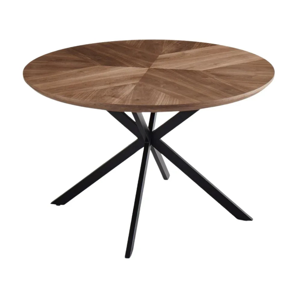 Round dining table with wood veneer top and black metal cross legs