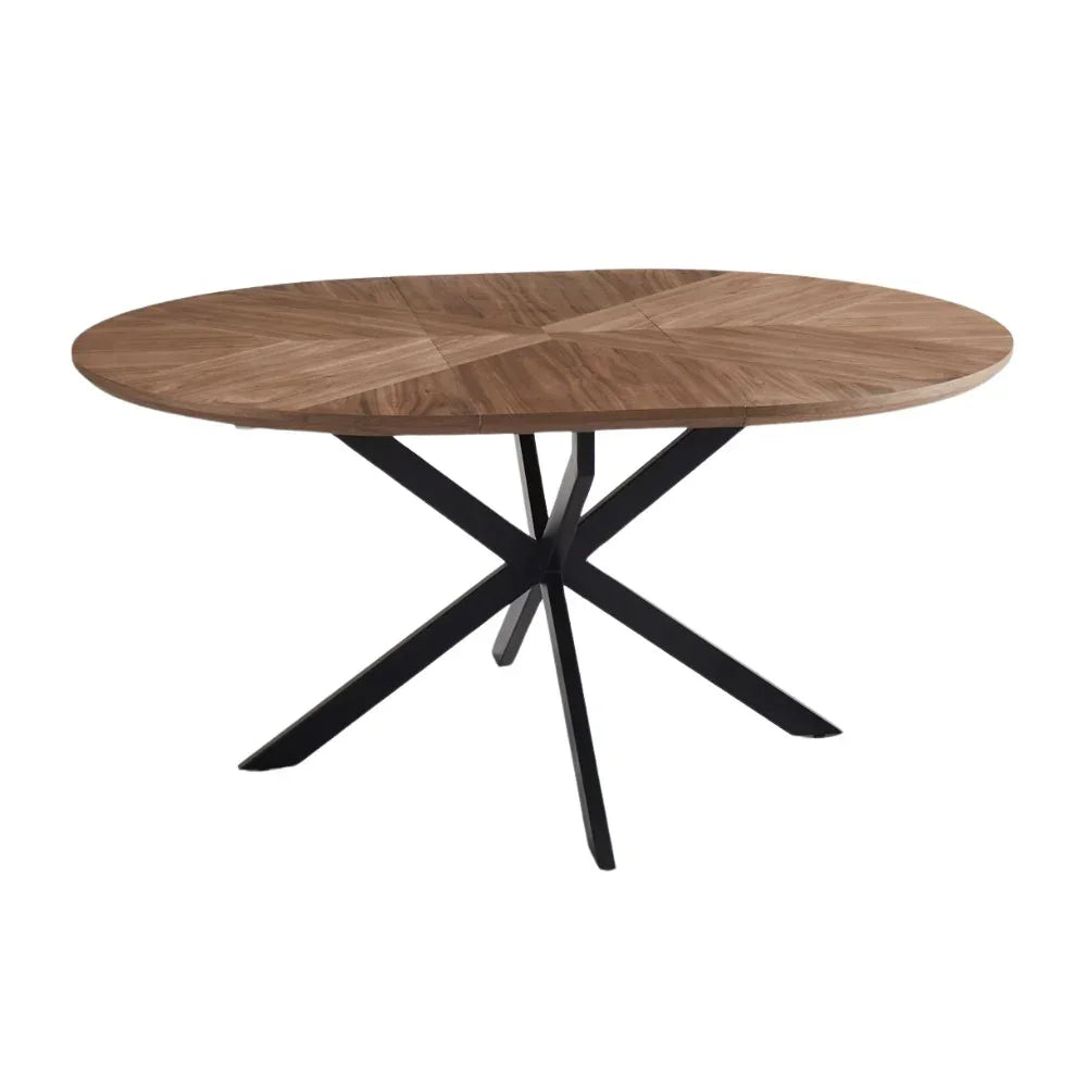 Round extension dining table with wooden top and black metal cross legs