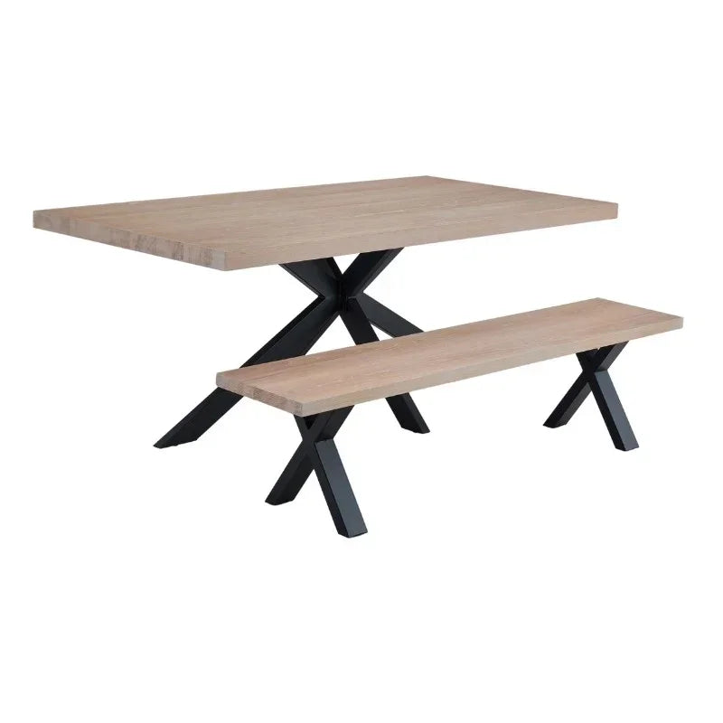 Rectangular dining table and bench set with light wood tops and black metal cross legs
