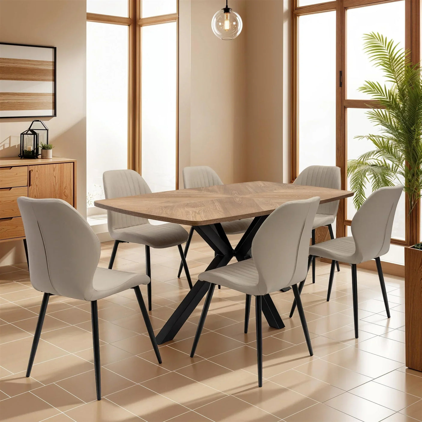 Modern dining table with wood top and six grey upholstered chairs in bright dining room