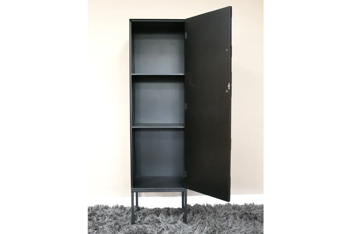 Black metal storage cabinet with three shelves and open door on a grey rug