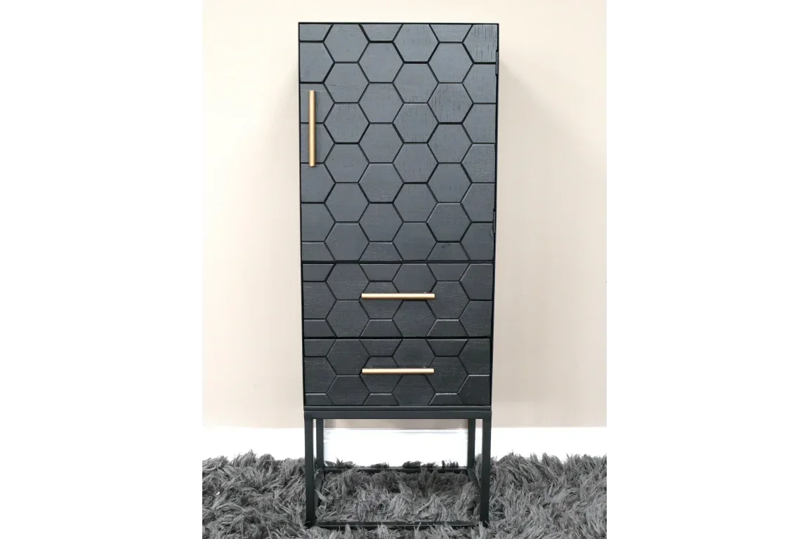 Black hexagonal wood cabinet with gold handles and metal legs on grey rug