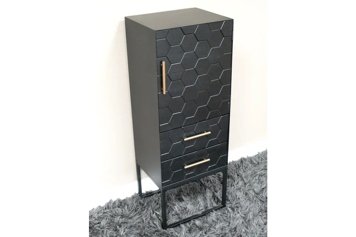Black hexagon pattern cabinet with gold handles and metal legs on grey rug