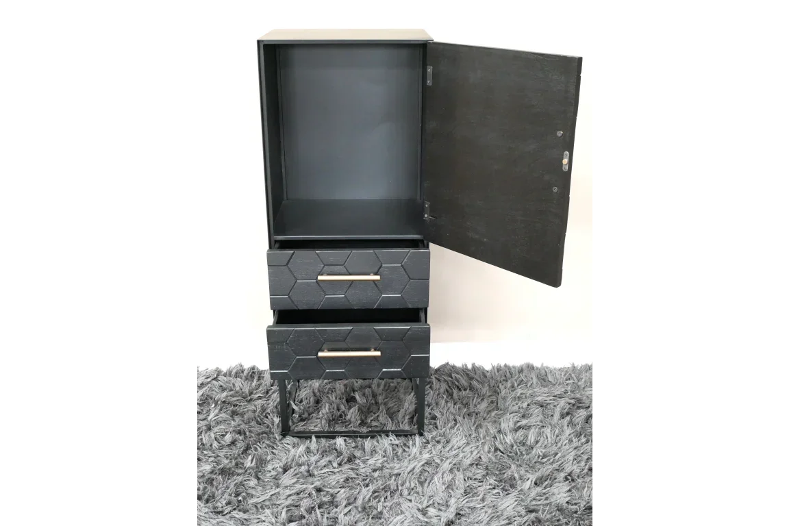 Black wooden cabinet with two drawers and open cupboard on grey shaggy rug