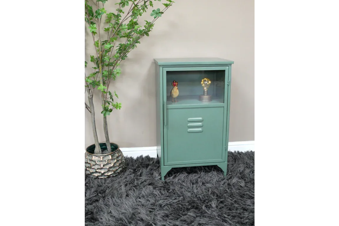 Green metal cabinet with glass door, placed on grey rug beside potted artificial tree