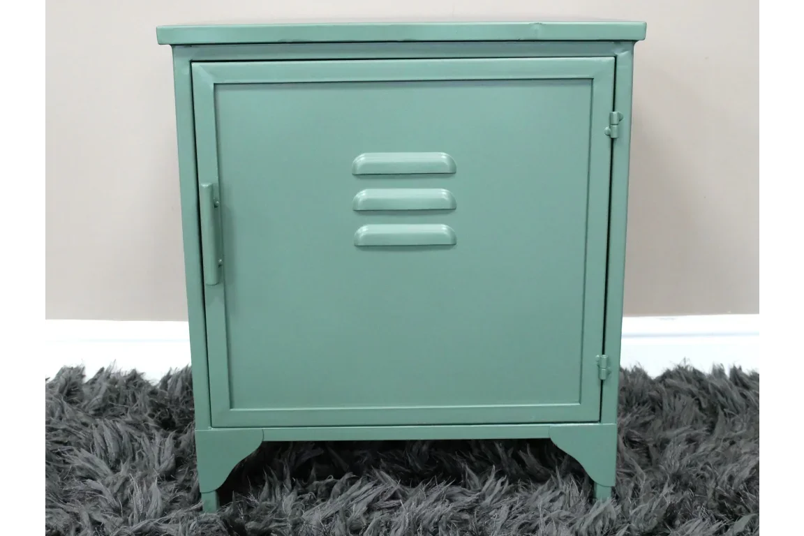 Green metal bedside locker with single door and vented panel on grey rug