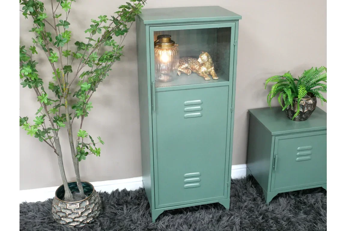 Tall green metal storage cabinet with glass display section in modern living room setting