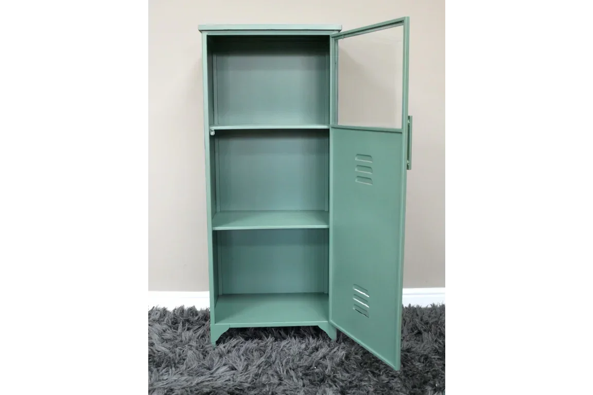 Green metal storage cabinet with open door and two shelves on grey rug