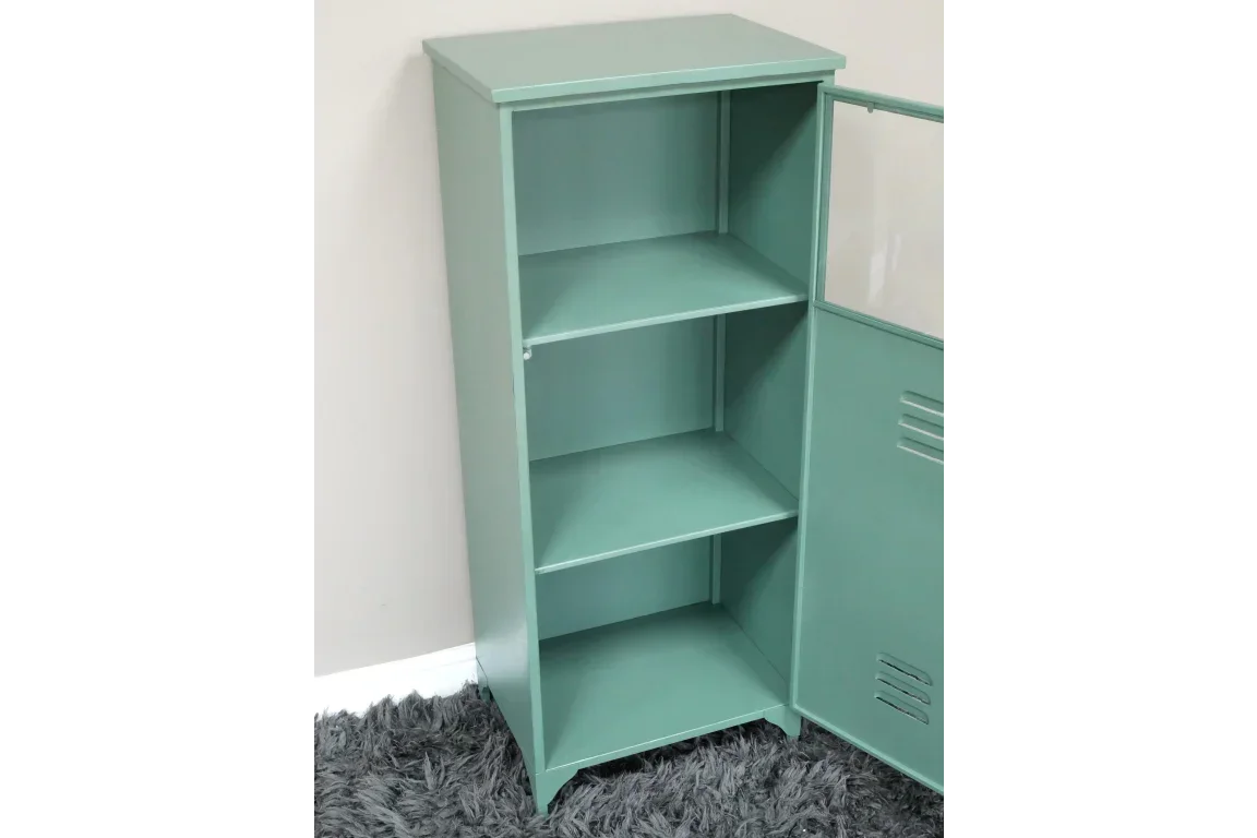 Green metal storage cabinet with three shelves and open door on grey carpet