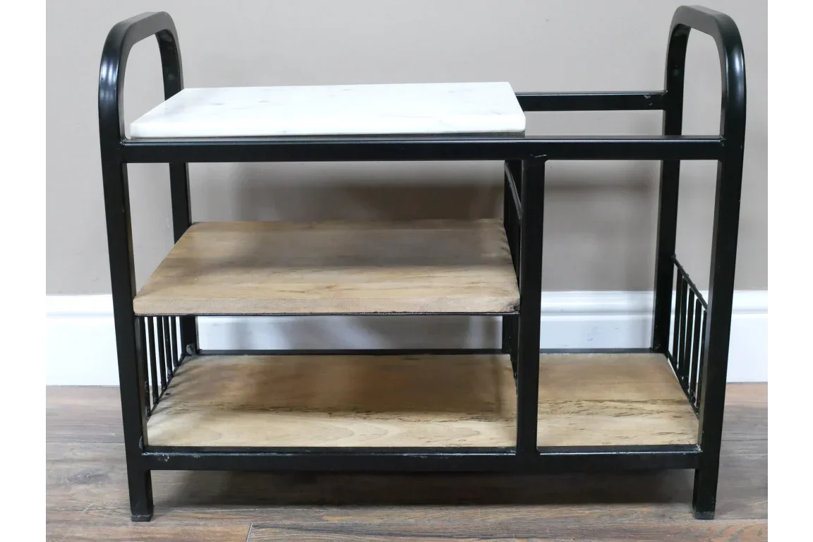 Industrial side table with black metal frame, white marble top, and two wooden shelves