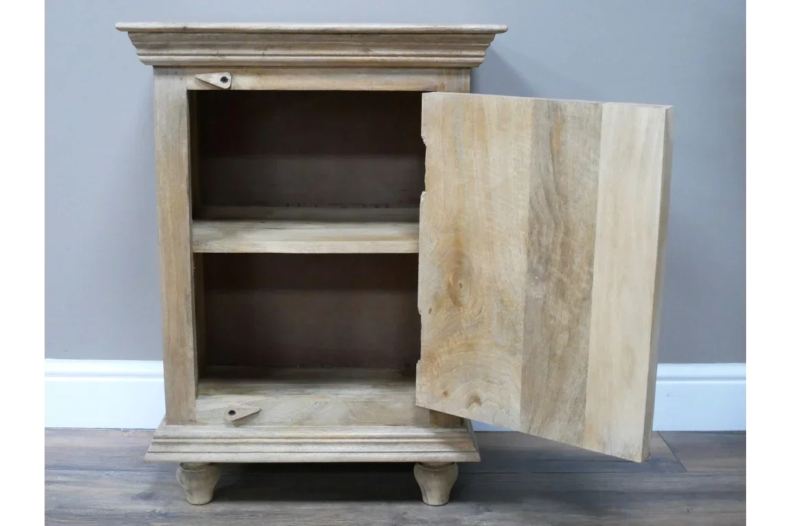 Rustic wooden cabinet with open door and internal shelf on wood flooring