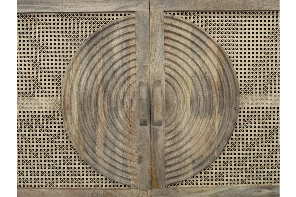 rattan cabinet doors with carved wood circle pattern and natural cane panels