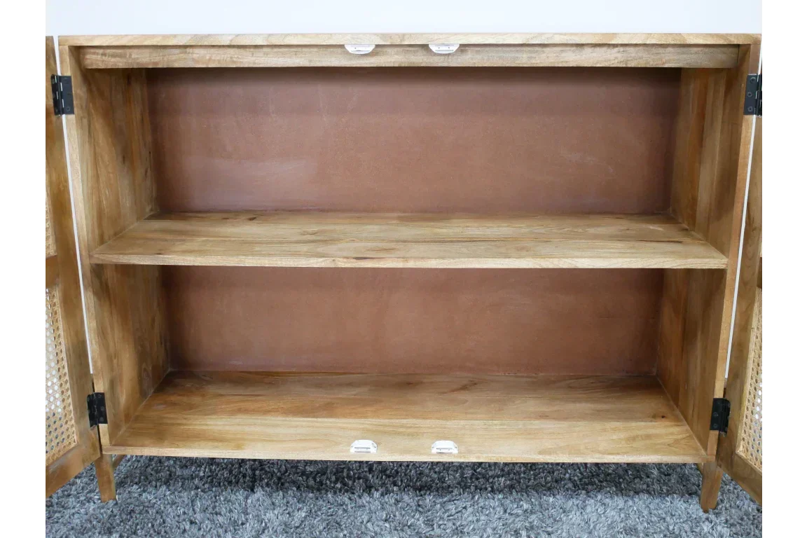 Wooden sideboard cabinet with open doors and two interior storage shelves