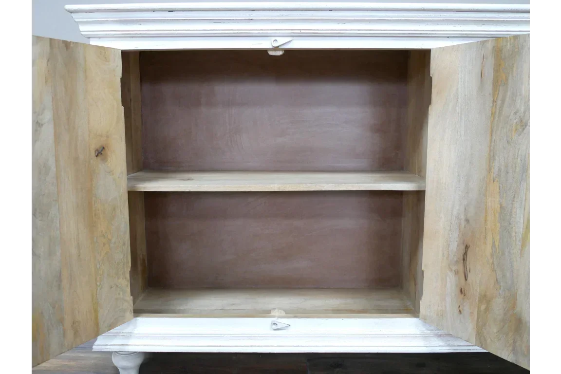 Wooden storage cabinet with two shelves and open doors, natural light finish