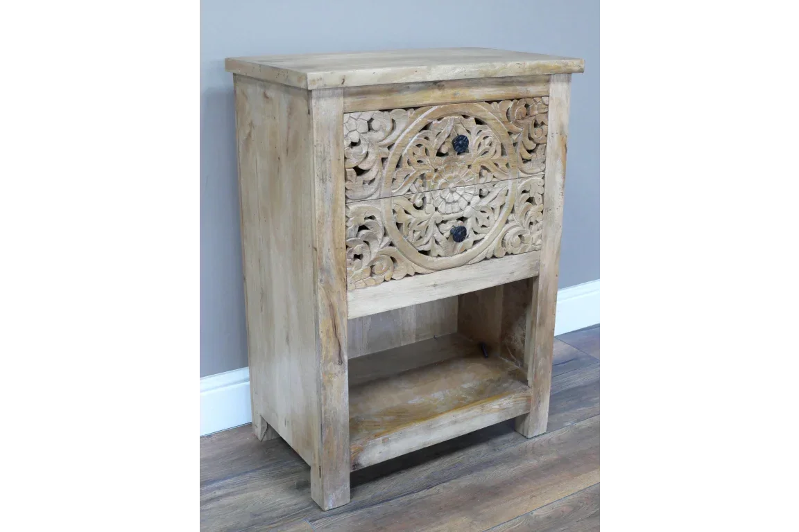 Carved wooden bedside table with two drawers and open shelf, natural finish, floral pattern