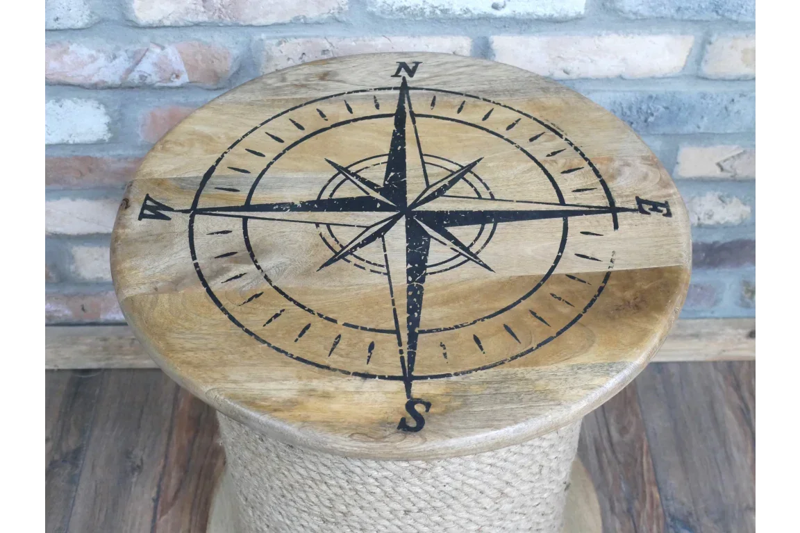 wooden side table with compass design on top and rope wrapped base, rustic finish