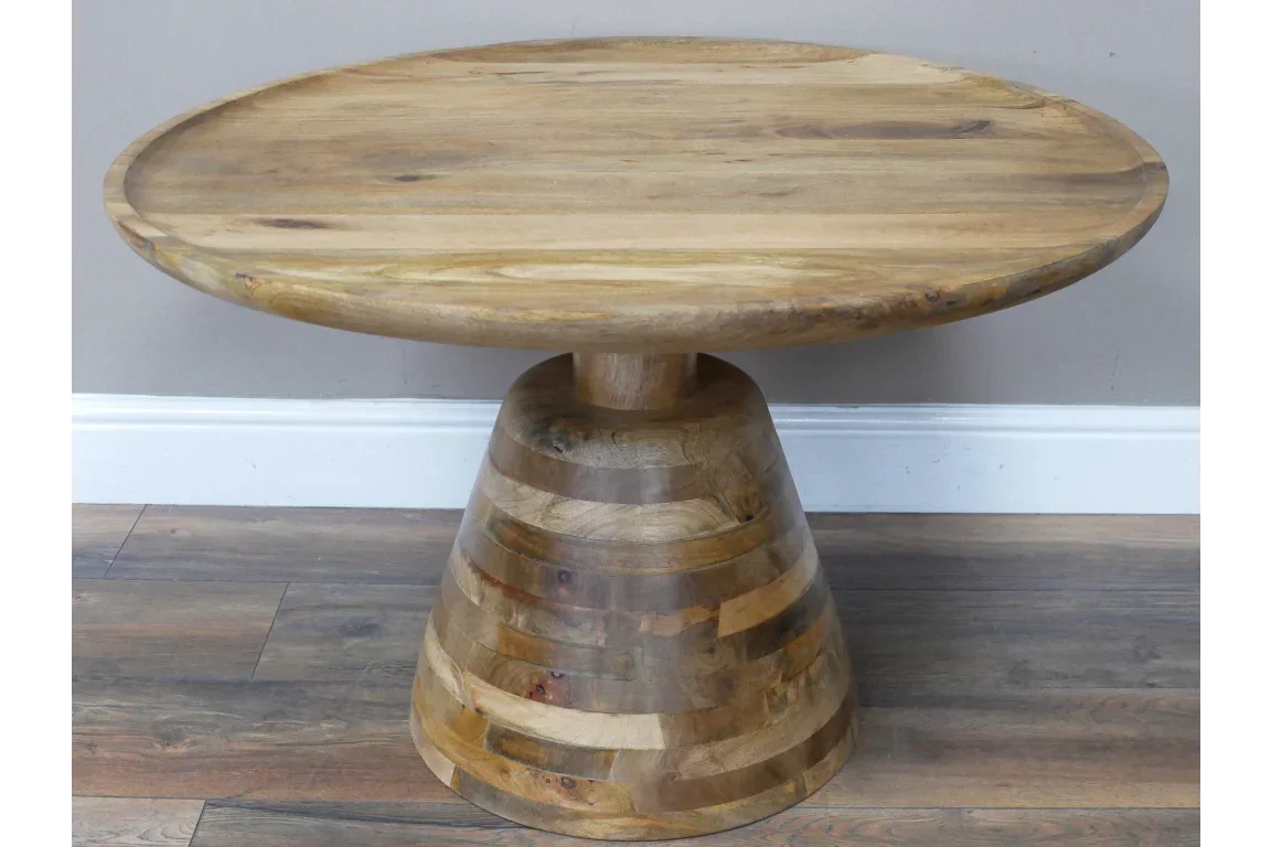 Round wooden coffee table with conical base and natural wood grain finish
