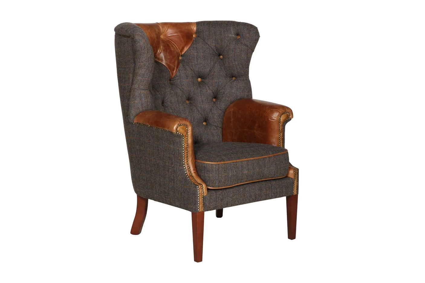 Wingback armchair with brown leather accents and button-tufted tweed upholstery