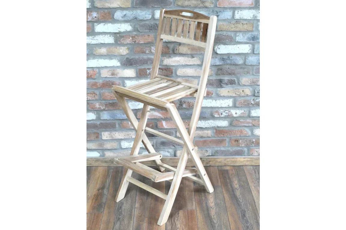 Folding wooden bar stool with slatted seat and footrest on wooden floor