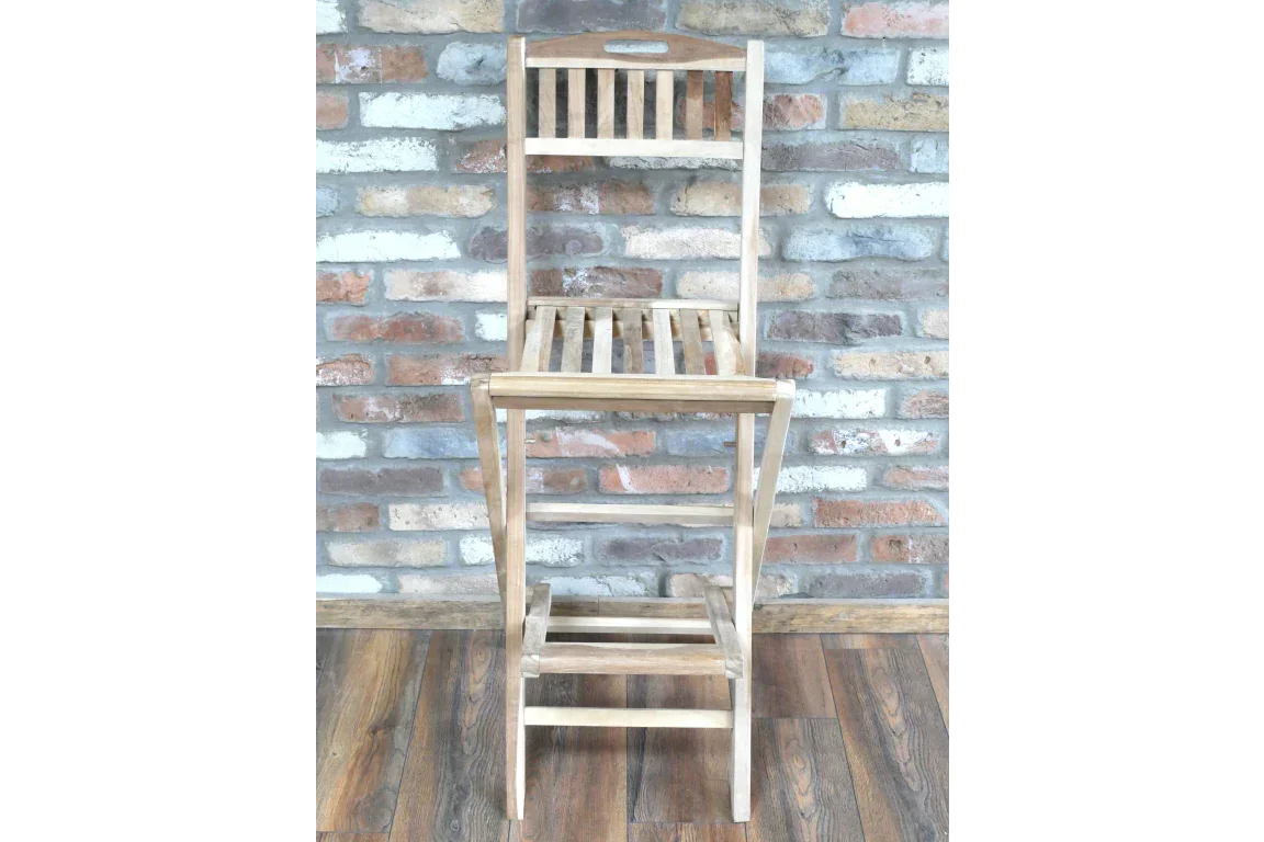 Wooden bar stool with slatted seat and backrest, rustic finish, placed on wood floor