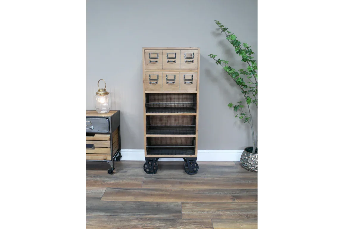 Industrial storage cabinet with drawers and mesh shelves on castor wheels