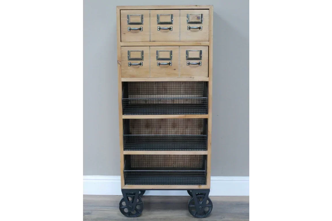 Industrial storage cabinet with wood drawers, black metal baskets and large caster wheels