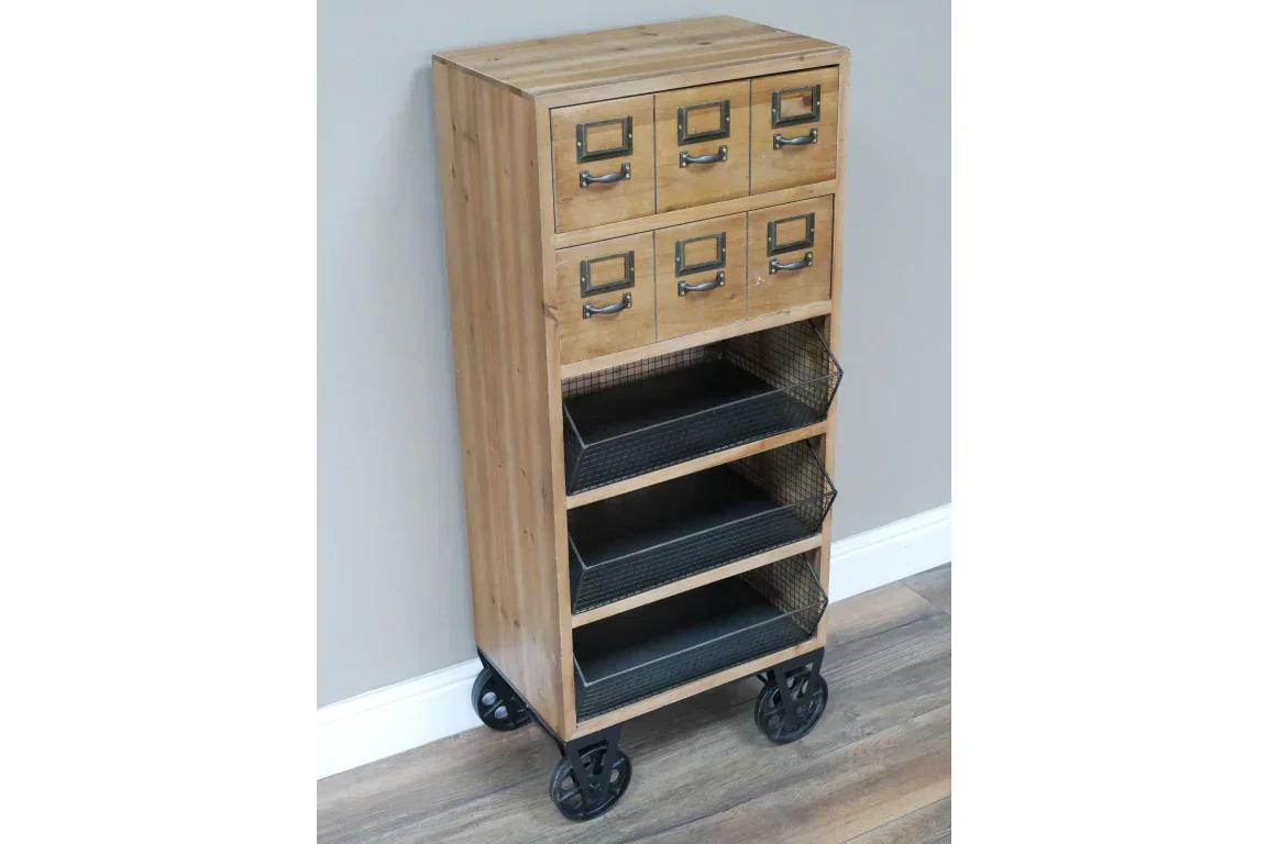 Industrial wood storage unit with metal drawers and wheels, shown against a wall