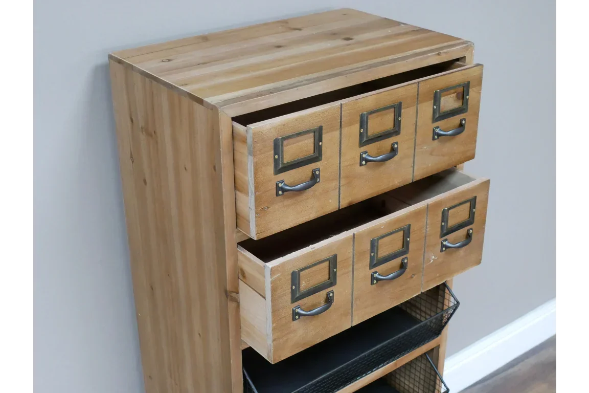 Wooden storage unit with six drawers and metal handles, two drawers partially open