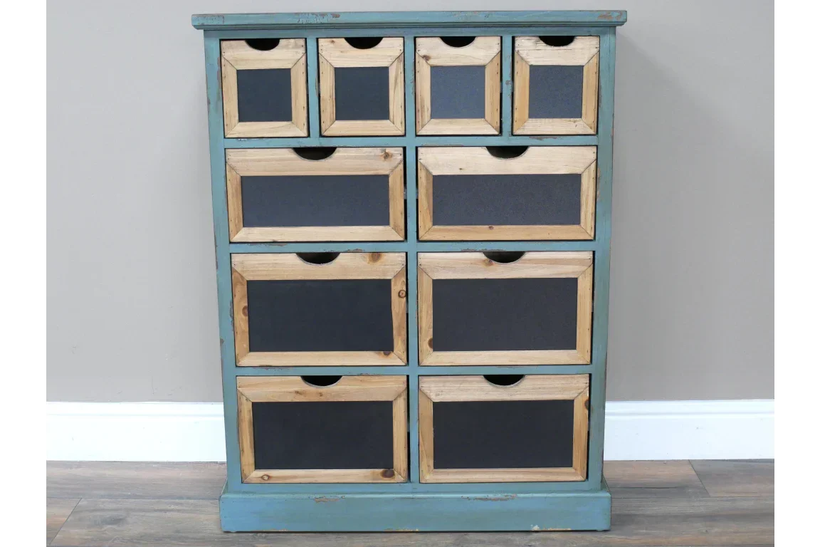 Rustic wooden chest of drawers with black front panels and distressed blue frame