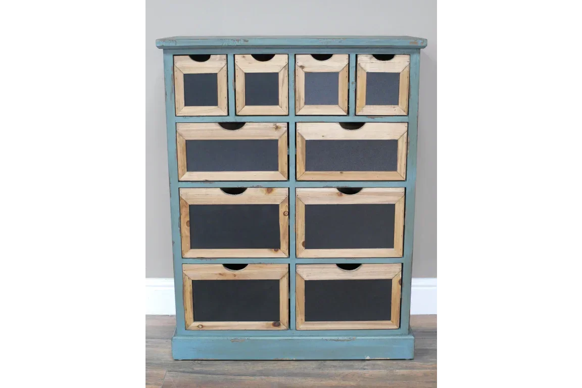 Rustic blue chest of drawers with nine black front panels and natural wood trim