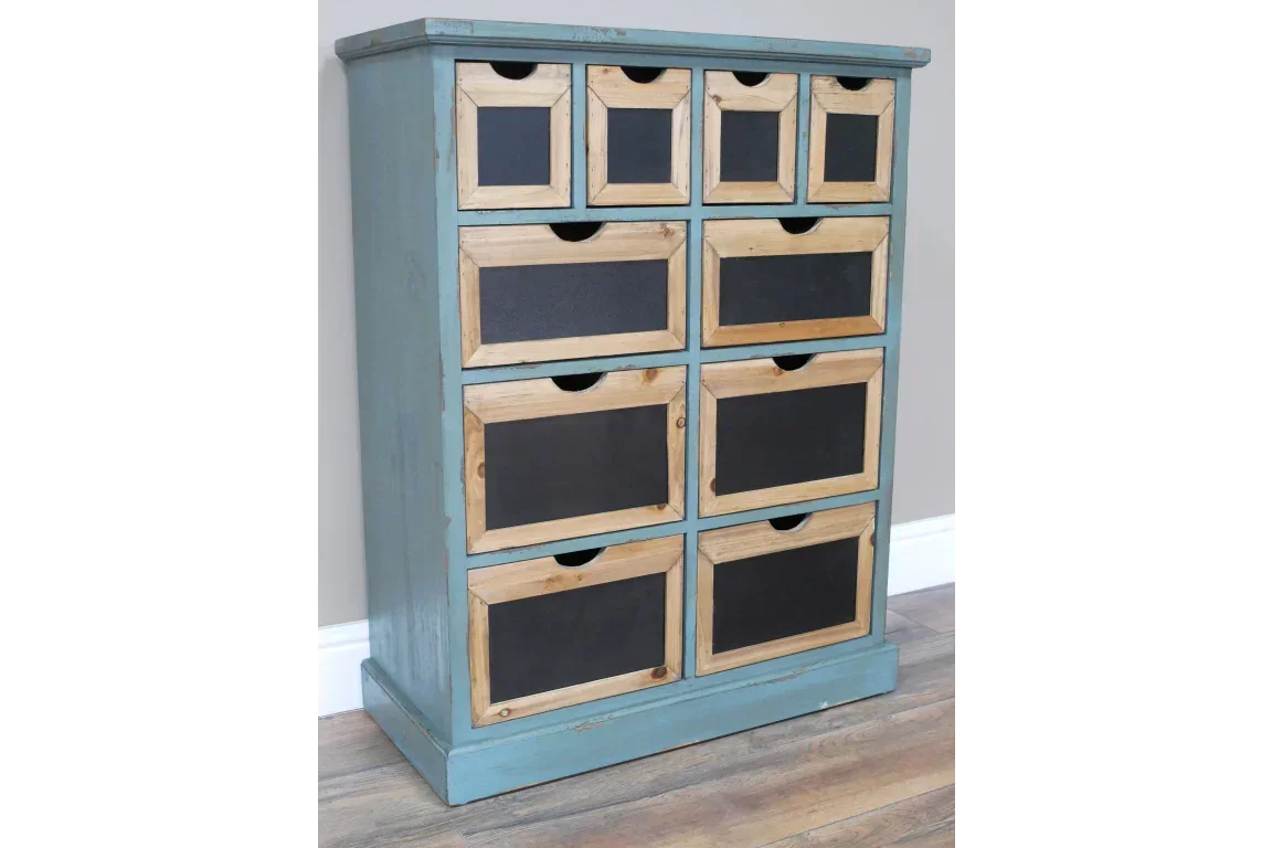 Blue wooden chest of drawers with black panels and natural wood frames, angled view