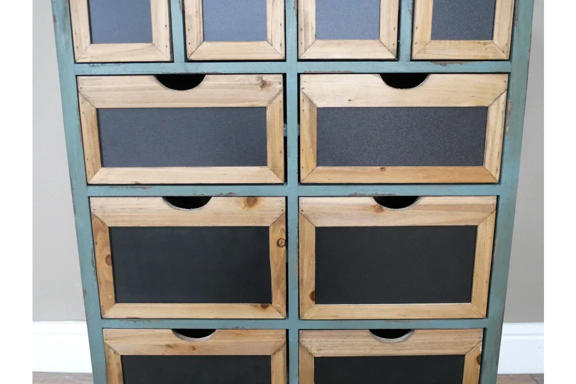 Distressed wood storage cabinet with multiple black drawers and natural wood frames