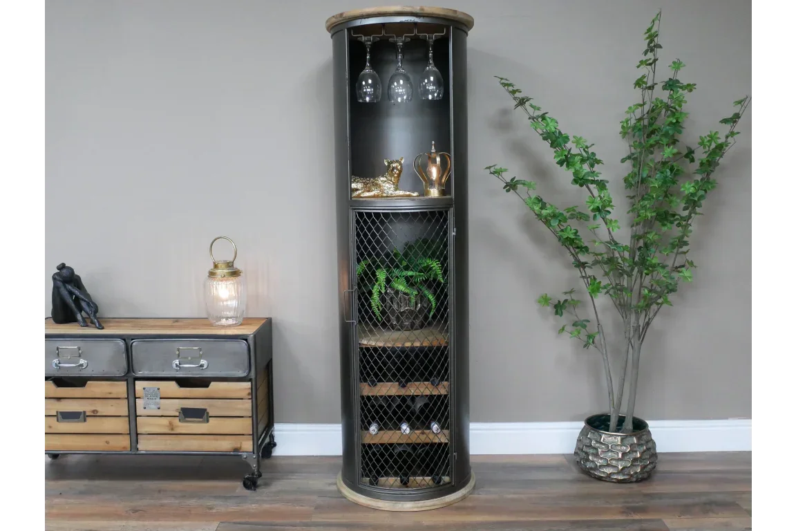 Industrial corner wine cabinet with metal mesh door, glass holders, and wooden shelves
