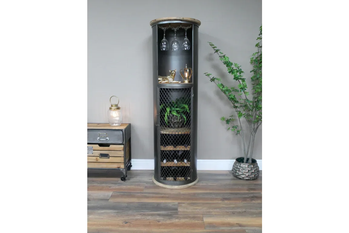 Tall round industrial drinks cabinet with shelves and mesh door in living room setting