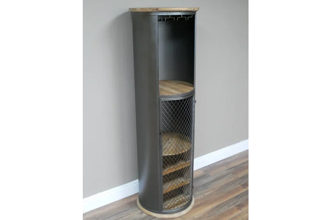 Industrial style metal and wood wine cabinet with shelves and mesh door against wall