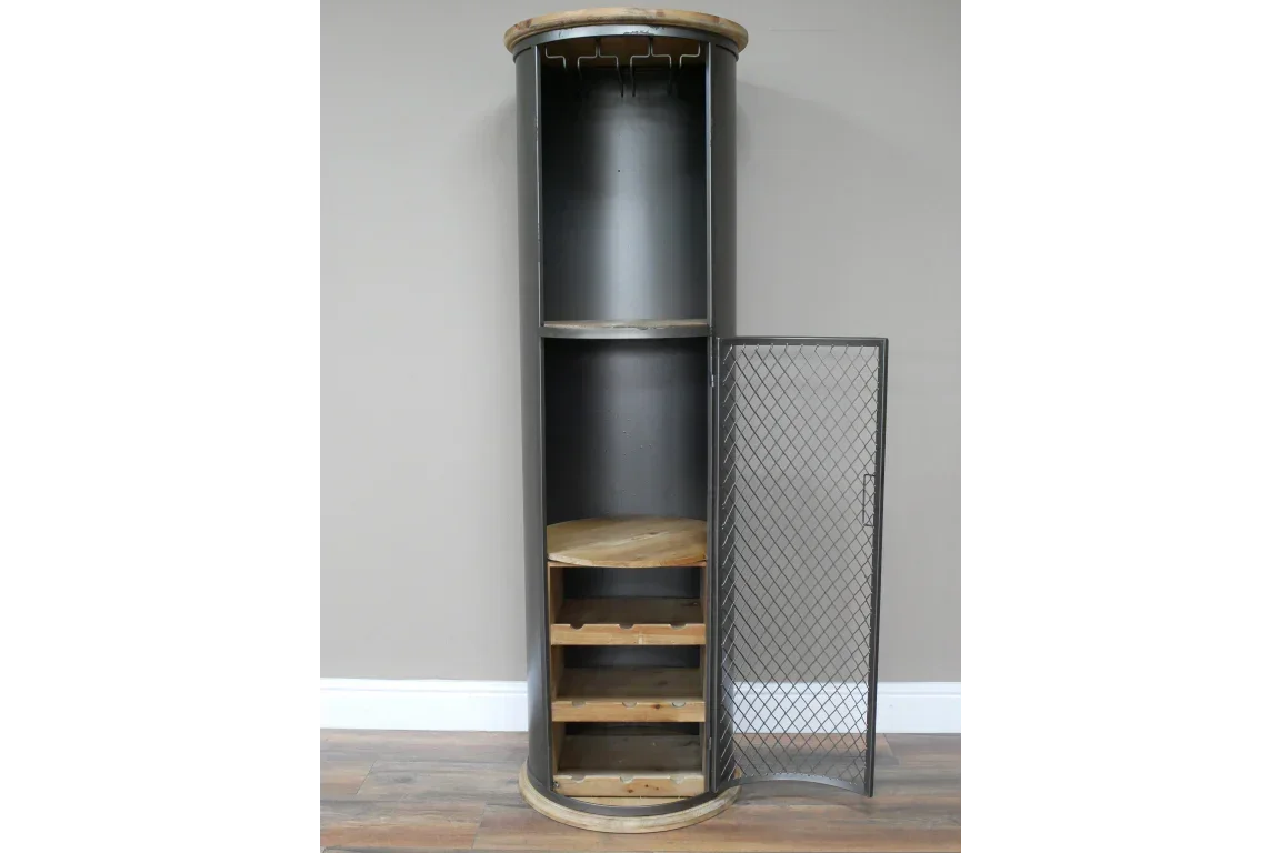 Industrial corner bar cabinet with mesh door, wooden shelves, and metal wine rack