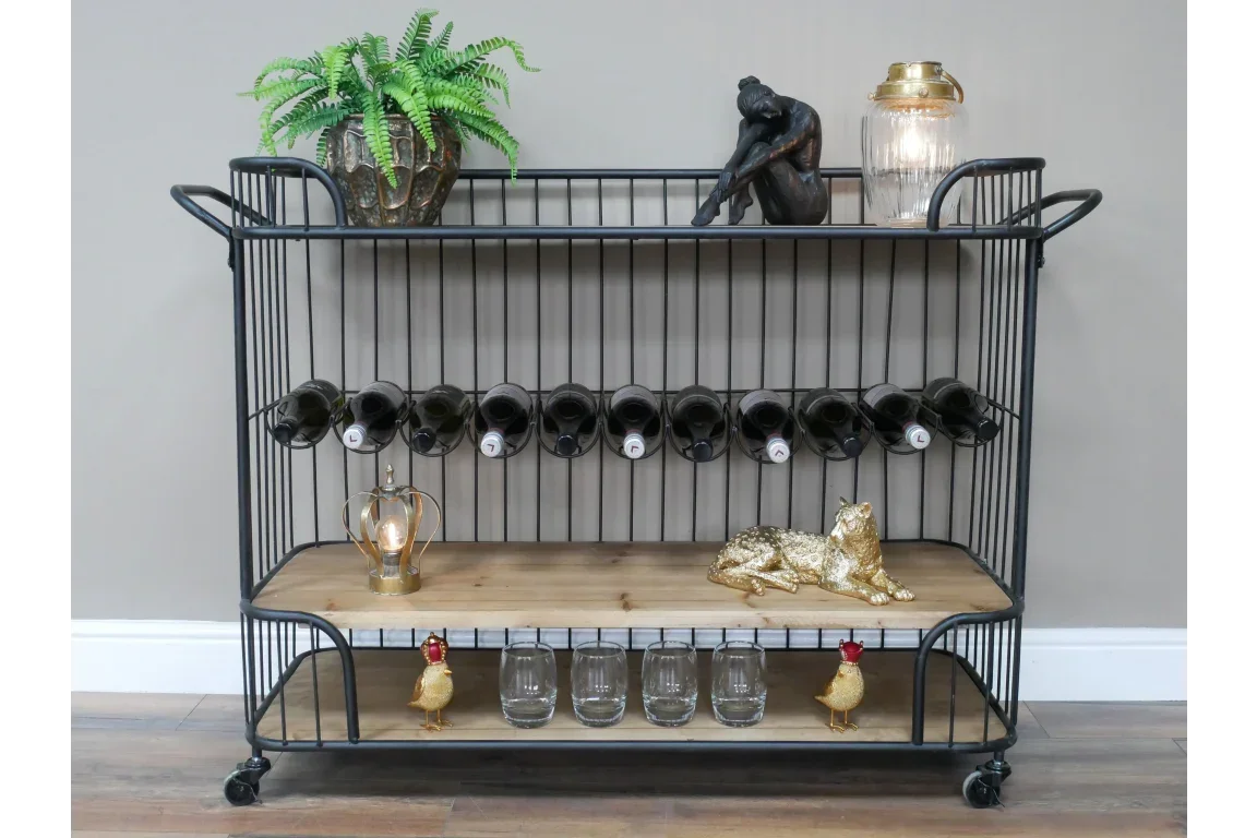 Black metal and wood drinks trolley with wine storage, glass shelf and decorative accents