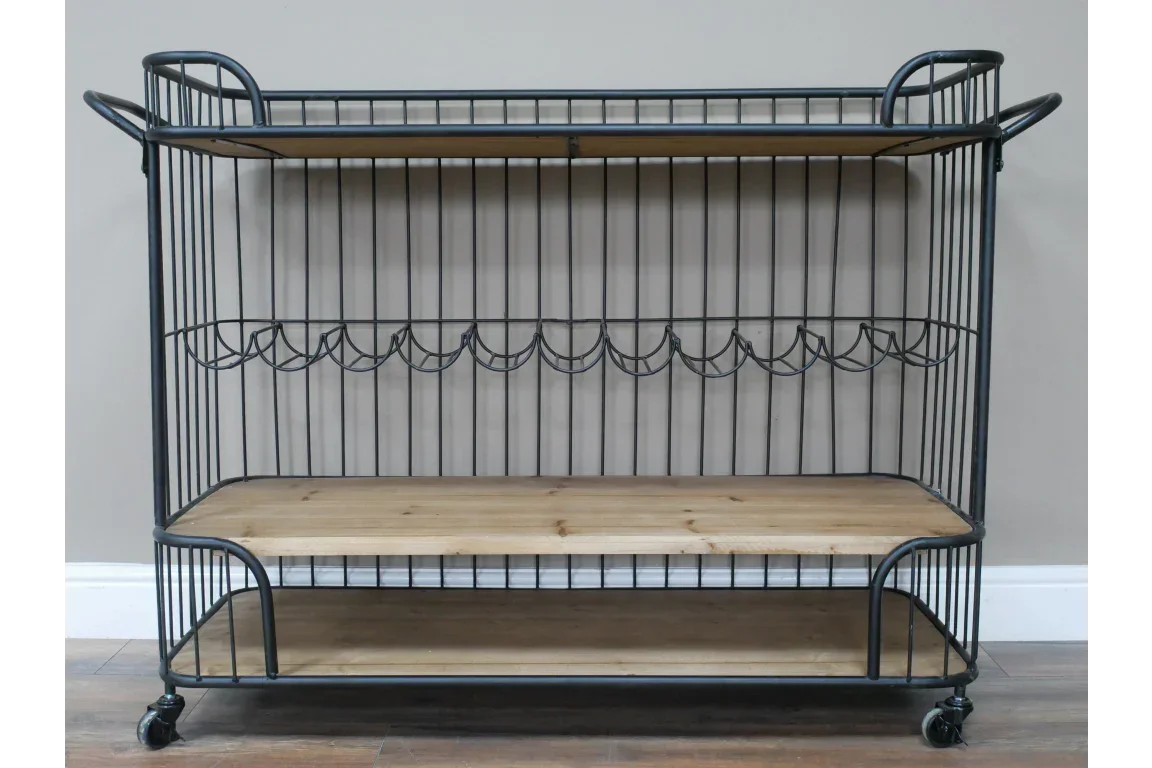 Industrial bar cart with black metal frame, wooden shelves, and wine rack on caster wheels