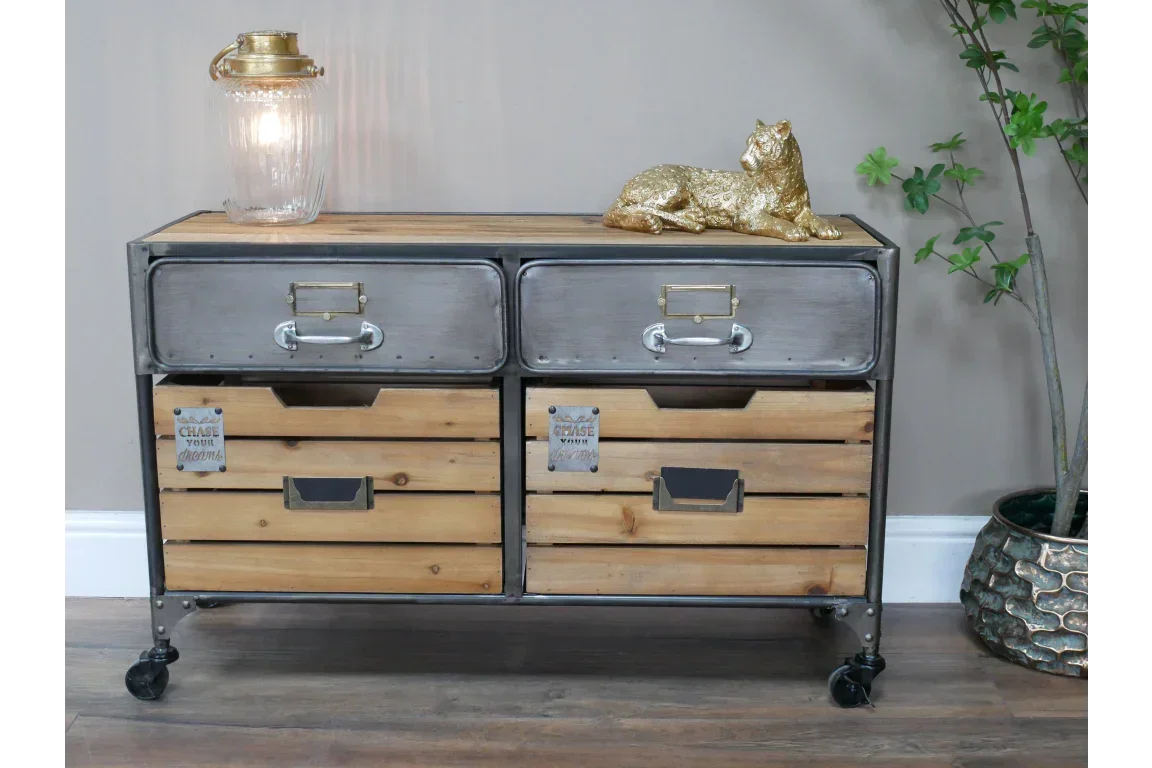 Industrial sideboard with metal drawers and wooden crate storage on castor wheels
