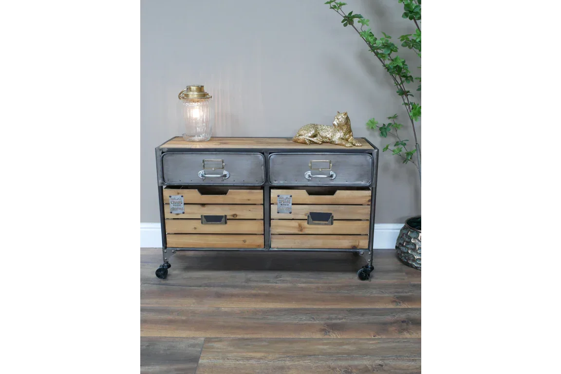 Industrial storage cabinet with metal frame and wooden drawers on castor wheels