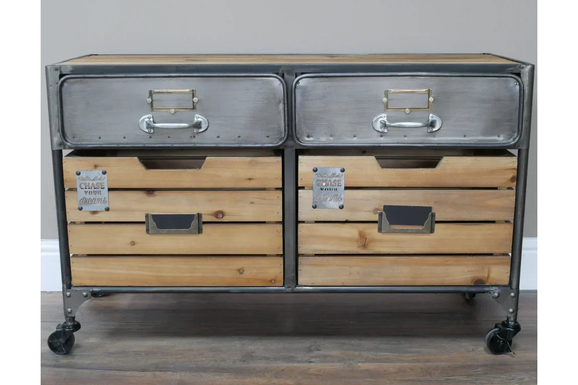 Industrial sideboard with metal drawers and wooden crate storage on wheels
