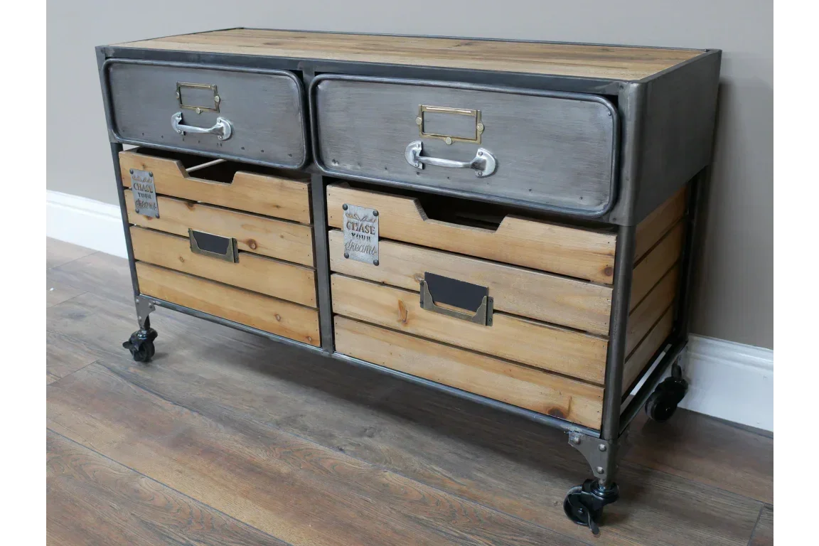 Industrial sideboard with metal frame, wood drawers and casters on hardwood floor